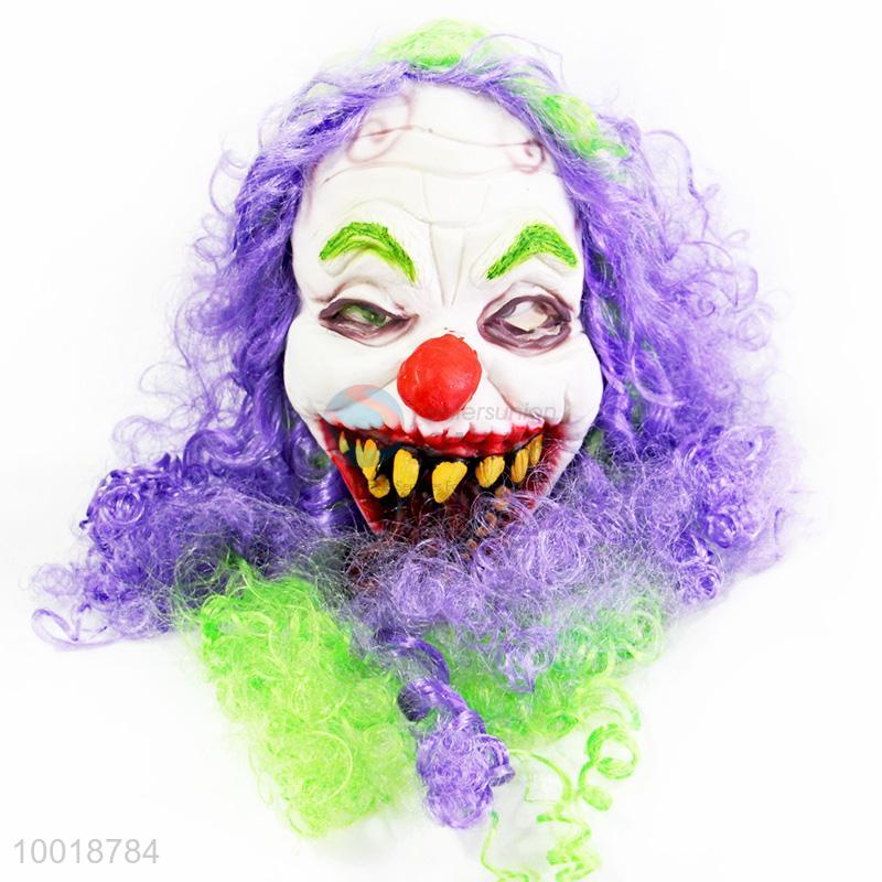 Ugly Clown With Purple Curly Hair Full Mask For Halloween