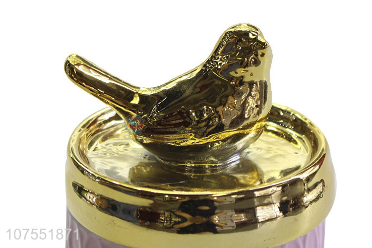 Factory Sell Pink Ceramic Storage Jar With Gold Bird Ceramic Lid