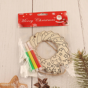 Hot Selling DIY Coloring Christmas Wooden <em>Wreath</em> Pendant Hanging Ornament