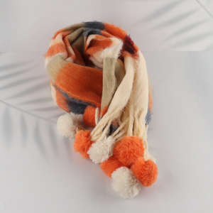 Good Quality Winter <em>Scarf</em> Striped Cashmere Feel <em>Scarf</em> with Pom Poms