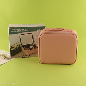 Hot items portable pu leather led <em>makeup</em> mirror handheld <em>makeup</em> bag